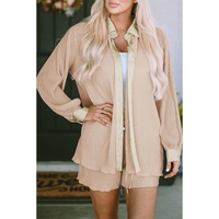Apricot Pleated Long Sleeve Shirt and Shorts Lounge Set - S thumbnail