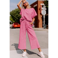 Strawberry Pink Textured Loose Fit T Shirt and Drawstring Pants Set - XL thumbnail