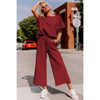 Red Dahlia Textured Loose Fit T Shirt and Drawstring Pants Set - L thumbnail