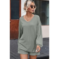 Grass Green Corded V Neck Slouchy Top Pocketed Shorts Set - S thumbnail