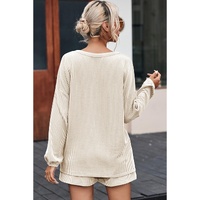 Beige Corded V Neck Slouchy Top Pocketed Shorts Set - M thumbnail
