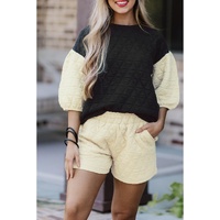 Black Color Block Quilted 3/4 Sleeve Top and Shorts Set - S thumbnail