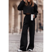 Black Zipped Collared Crop Top and Wide Leg Pants Set - L thumbnail