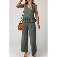 Duffel Green Solid Color Ribbed Ruffle Tank Top and Pants Set - L thumbnail