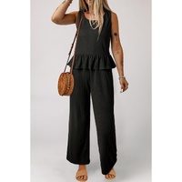 Black Solid Color Ribbed Ruffle Tank Top and Pants Set - S thumbnail