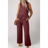 Red Dahlia Solid Color Ribbed Ruffle Tank Top and Pants Set - L thumbnail