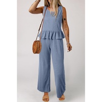 Beau Blue Solid Color Ribbed Ruffle Tank Top and Pants Set - M thumbnail