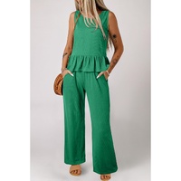 Green Solid Color Ribbed Ruffle Tank Top and Pants Set - M thumbnail