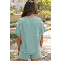 Iceland Blue Ribbed Textured Knit Loose Fit Tee and Shorts Set - L thumbnail