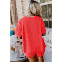 Orange Ribbed Textured Knit Loose Fit Tee and Shorts Set - S thumbnail