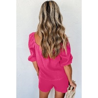 Bright Pink Crinkled Textured Square Neck Puff Sleeve and Shorts Set - L thumbnail