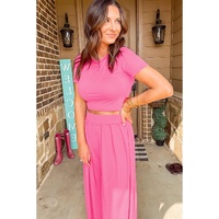 Strawberry Pink Slim Fit Crop Top and Pleated Wide Leg Pants Set - XL thumbnail