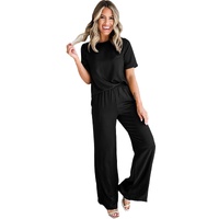 Black Solid Color T Shirt 2pcs Wide Leg Pants Set - M thumbnail