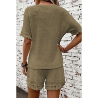Laurel Green Fringe Trim Textured Short Two Piece Set - M thumbnail