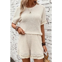 Beige Fringe Trim Textured Short Two Piece Set - XL thumbnail