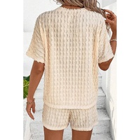 Beige Frill Textured Short Sleeve Top and Drawstring Shorts Set - M thumbnail
