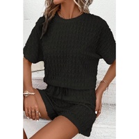 Black Frill Textured Short Sleeve Top and Drawstring Shorts Set - L thumbnail