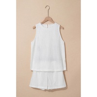 Beige Textured Knit Tank Top and Drawstring Shorts Set - M thumbnail
