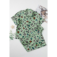 Green Leopard Print Short Sleeve Shirt and Wide Leg Pants Set - M thumbnail