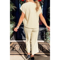 Apricot Metallic Lattice Textured Casual Two Piece Set - M thumbnail