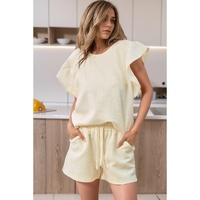 Apricot Textured Ruffled Sleeve Tee and Drawstring Shorts Set - M thumbnail