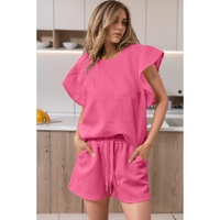 Bonbon Textured Ruffled Sleeve Tee and Drawstring Shorts Set - XL thumbnail