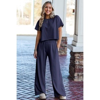 Navy Blue Raw Hem Loose Tee and Wide Leg Pants Set - M thumbnail