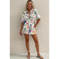 Pink Ricrac Trim Floral Short Sleeve Shirt and Shorts Outfit - XL thumbnail