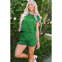 Green Contrast Trim Cable Textured Shorts Set - XL thumbnail
