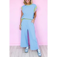 Sky Blue Color Block Detail Casual Two-piece Outfit - S thumbnail