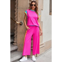 Strawberry Pink Color Block Detail Casual Two-piece Set - S thumbnail