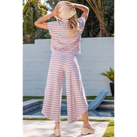Pink Stripe Rainbow Tee Tasseled String Wide Leg Pants Set - M thumbnail
