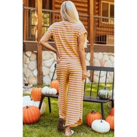 Yellow Stripe Rainbow Tee Tasseled String Wide Leg Pants Set - XL thumbnail
