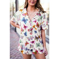Multicolour Butterfly Pattern Short Sleeve Shirt Pajamas Set - M thumbnail