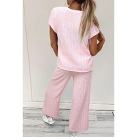 Light Pink Textured Short Sleeve Henley Top and Pocketed Wide Leg Pants - L thumbnail