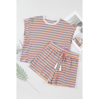 Pink Stripe Crew Neck Tee and Tasseled Drawstring Shorts Set - M thumbnail