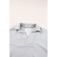 Light Grey Solid Textured Collared V Neck Top and Wide Leg Pants Set - M thumbnail