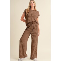 Coffee Solid Color Corded Short Sleeve Top and Casual Pants Set - M thumbnail