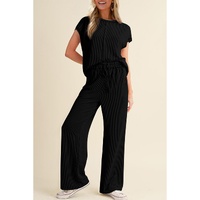 Black Solid Color Corded Short Sleeve Top and Casual Pants Set - S thumbnail