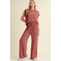Mineral Red Solid Color Corded Short Sleeve Top and Casual Pants Set - S thumbnail