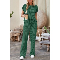 Blackish Green Solid Color Corded Short Sleeve Top and Casual Pants Set - XL thumbnail