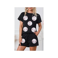 Black Trendy Texture Sequin Baseball Graphic Short 2pcs Set - XL thumbnail