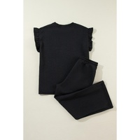 Black Ruffled Sleeve Summer Top and Cropped Loose Pants Set - S thumbnail