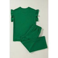Dark Green Ruffled Sleeve Summer Top and Cropped Loose Pants Set - XL thumbnail