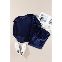 Navy Blue Solid Velvet Ruffled Two Piece Pants Set - XL thumbnail