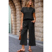 Black Solid Color Textured Short Sleeve Top and Casual Pants Set - S thumbnail