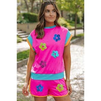Rose Red Sequined Flower Graphic Colorblock 2 Piece Shorts Set - XL thumbnail