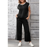 Black Cable Knit Contrast Trim Short Sleeve Top and Pants Set - L thumbnail