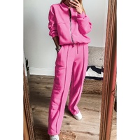 Bright Pink Solid Seamed Zipper Jacket and Drawstring Waist Pants Set - 2XL thumbnail