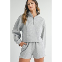 Light Grey Stand Neck Zipped Sweatshirt and Shorts Set - S thumbnail